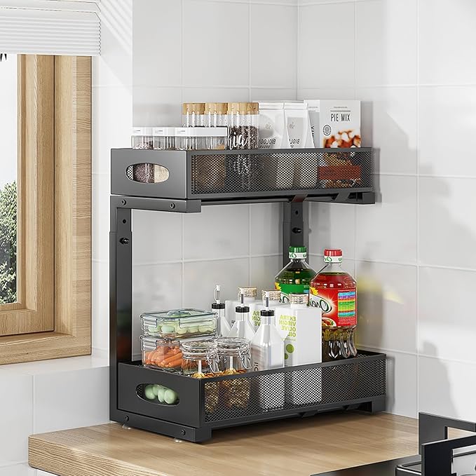 Under Sink Organizer, 2-Tier Put Out Cabinet Organizer, Adjustable Rust Proof Under Sink Organizers and Storage, Kitchen Undersink Organizers for Kitchen, Bathroom, Cabinet, Counter, 2 Pack, Black-NeatNest