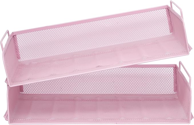 EASEPRES 2 Pack Stackable Desk Paper Tray, Metal Mesh Desktop Document Letter File Organizer for Office Home School, 13.5'' L x 9.75'' W x 5.5'' H, Pink