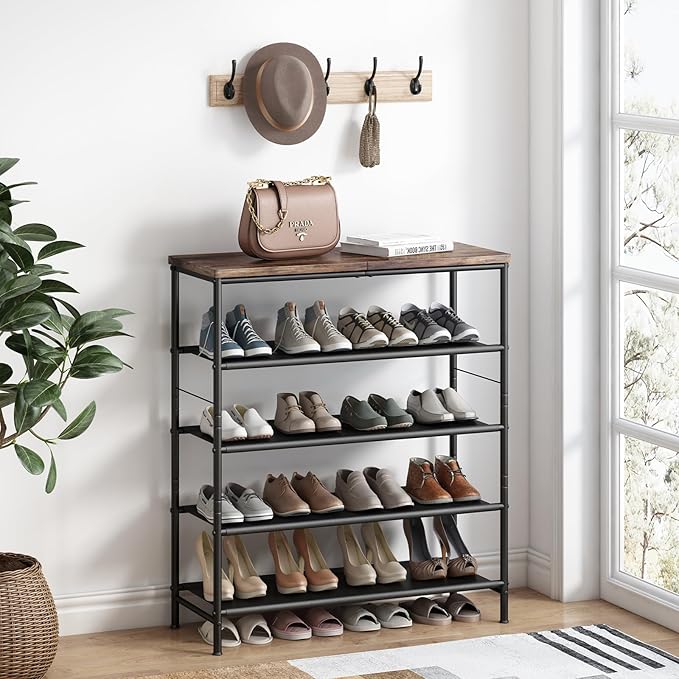 Shoe Rack Organizer 5 Tier Metal Organizer Shelf with Industrial MDF Board and Layer Fabric for Entryway Closet Bedroom Living Room Garage,Black & Rustic Brown (Black+Rustic Brown, 5 Tier)-NeatNest