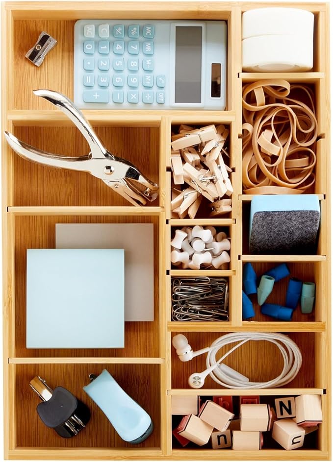 Juvale Drawer Organizer Tray - 14 x 10 x 2 In Brown Bamboo - 8 Adjustable Dividers for Custom Storage - Silverware & Utensil Organizer - Desk Drawer Divider - Versatile Wooden Divided Tray-NeatNest