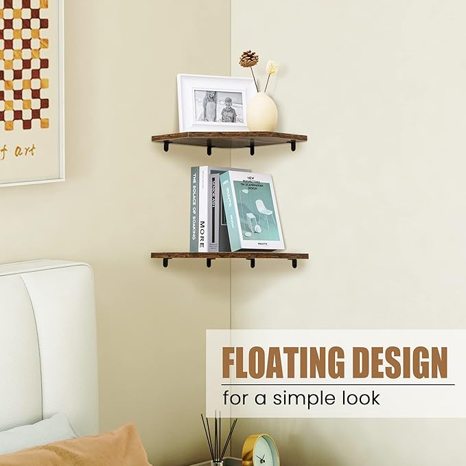 Corner Shelf Wall Mount, Floating Corner Shelves, Set of 2 Corner Wall Shelf Organizer, Rustic Wood Wall Storage Display Shelves for Living Room Bedroom Bathroom Kitchen, Rustic Brown-NeatNest