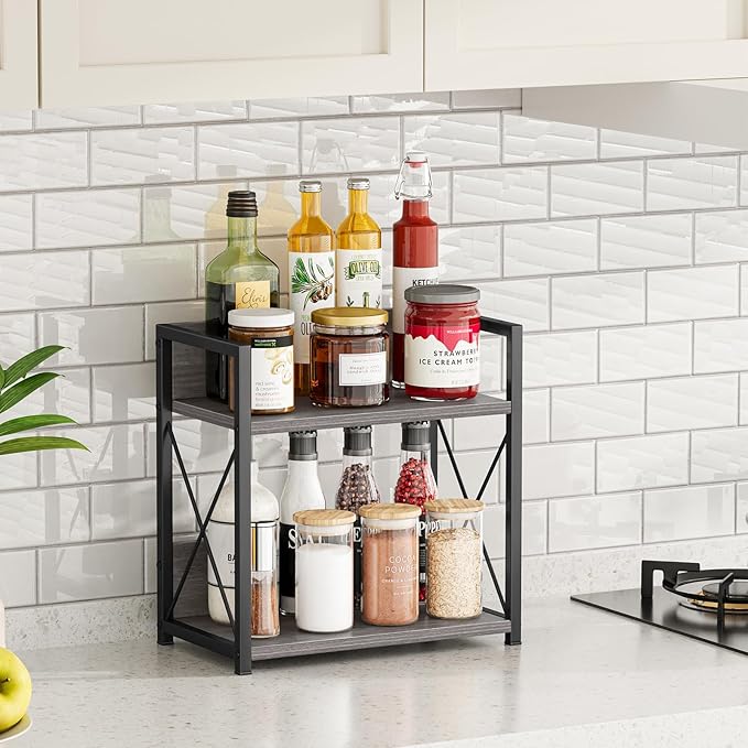 Giikin Countertop Shelf Organizer, 2 Tier Coffee Organizer for Desktop, Grey Counter Shelf Spice Rack for Kitchen (Grey, M)-NeatNest