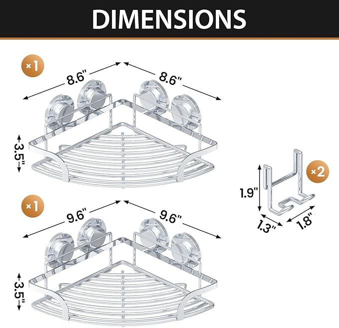 LEVERLOC Powerful Suction Cup Corner Shower Caddy 2 Pack, Stainless Steel Rustproof Shower Shelf with Hooks, Drill-Free Wall Mounted Bathroom Organizer, Large Capacity Removable Suction Basket, Silver