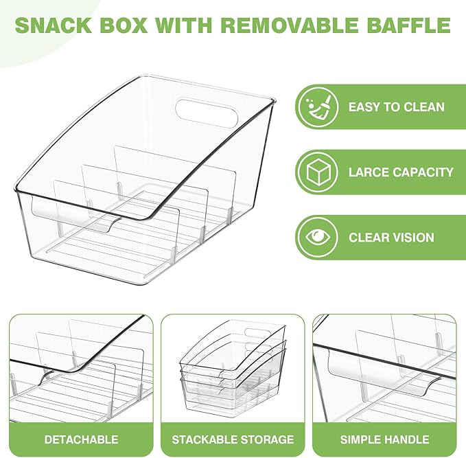 4 Pack Clear Pantry Organizer Storage Bins Removable Snack Organizer Plastic Cabinet Organizers Racks with 3 Dividers, Refrigerator Bins, Kitchen Storage-NeatNest