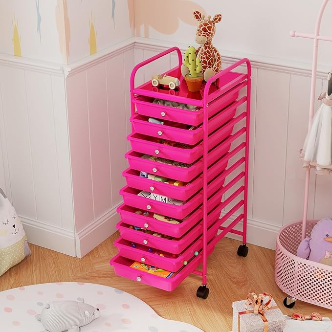 COSTWAY 10-Drawer Rolling Storage Cart, Utility Mobile Trolley with Removable Drawers & Universal Casters & 2 Brakes, Versatile Flexible Drawer Organizer Cart for Home, Office, Hot Pink-NeatNest