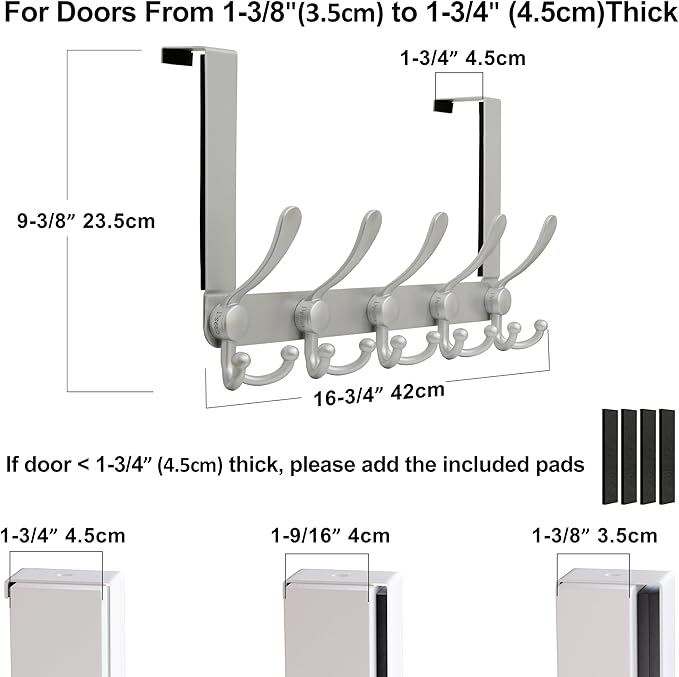 Dseap Over Door Hook 2.0 - Upgraded Version - Simple-Assembly, Strong, Heavy-Duty Stainless Steel 5-Tri-Hook Over The Door Hanger Rack, SimpleStrong Series, Silver