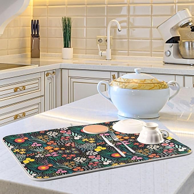 Colorful Floral Absorbent Dishes Drainer/Rack Mat for Countertop Small Size 16 x 18, Microfiber Dish Drying Pads Kitchen Counter Draining Pad-NeatNest