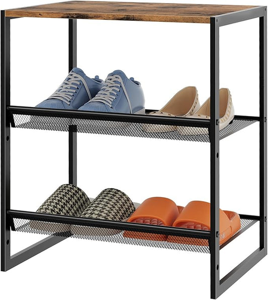 Garden 4 you 3 Tiers Narrow Shoe Rack,Small Space Freestanding Shoe Storage Organizer with Brown Wooden Tabletop,Adjustable Metal Shelf Stackable Shoe Shelf for Entryway Hallway Living Room Closet-NeatNest
