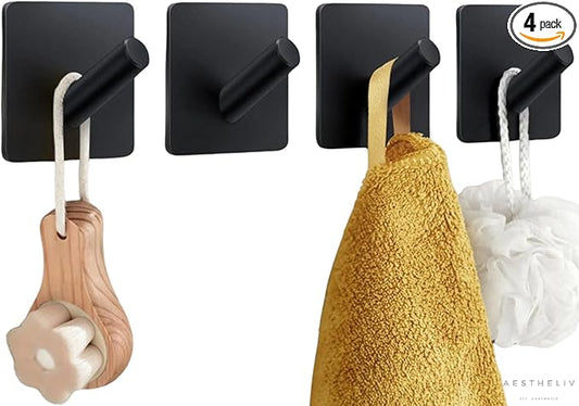 Adhesive Hooks- 4 Pcs, Towel Hooks for Inside Shower, Heavy-Duty Adhesive Wall Hook, Rust-resitant Hooks for Hanging, Sticky Hook for Walls No Damage (Black)