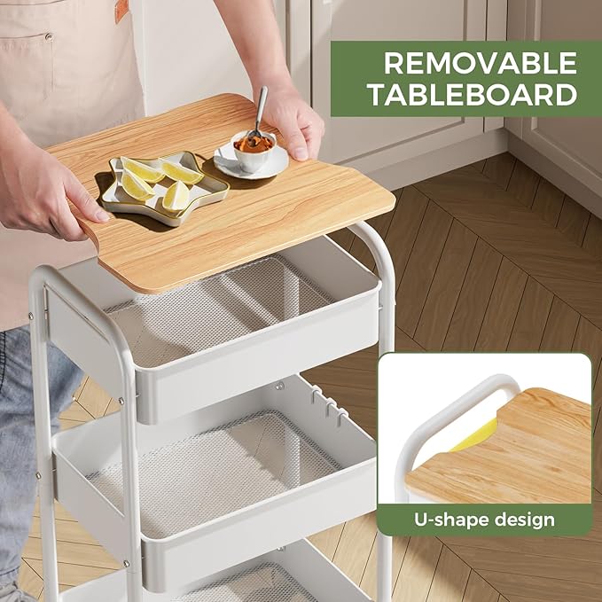 3 Tier Rolling Cart with Table top, Metal Rolling Utility Cart on Wheels, Sturdy Storage Organizer Cart with Hooks for Office, Classroom, Kitchen and Bathroom (White)-NeatNest