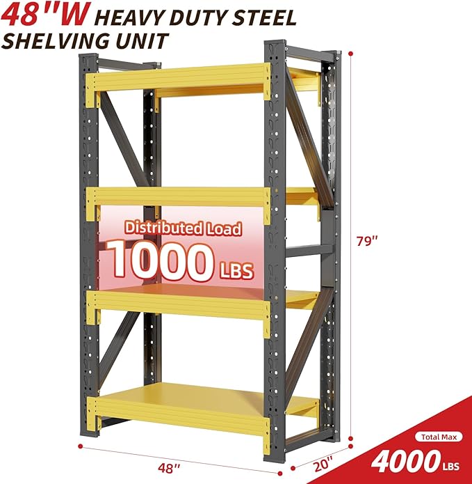 48" W Garage Shelving,4-Tier Heavy Duty Storage Shelves Unit with Adjustable Metal Shelf for Warehouse,Basement,Workshop,4000LBS,48" W x 20" D x 79" H,Black&Yellow-NeatNest