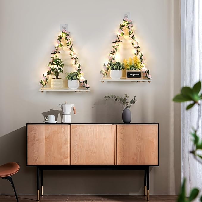 Floating Shelves for Wall No Drilling,Wall Dcorations Art,Hanging Shelf,Leaves and Light Strip with Flower,Set of 2 Plant Decor for Home House Livingroom Bedroom Officer,Boho Decor,Gifts for Woman-NeatNest