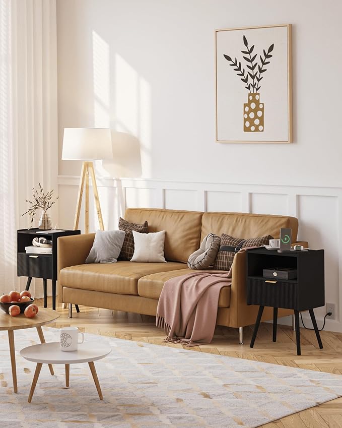 Black Nightstand with Outlet,Modern Bedside Table with Storage Drawer and Open Wood Shelf, for Living Room, Bedroom and Small Spaces, Accent Night Stand with Solid Wood Legs, Easy Assembly-NeatNest