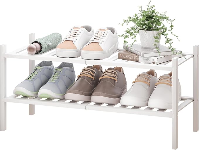 BMOSU 2-Tier Bamboo Shoe Rack Premium Stackable Shoe Shelf Storage Organizer for Hallway Closet Living Room Entryway Organizer(White Bamboo)-NeatNest