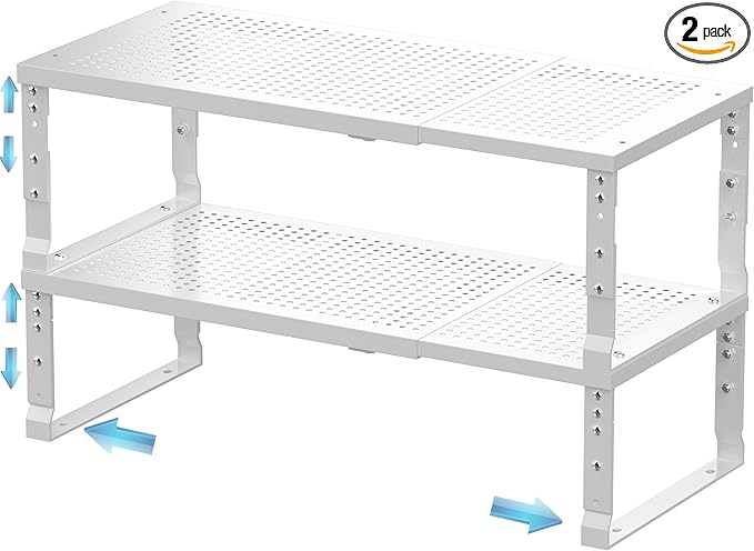 Expandable Spice Rack & Kitchen Cabinet Organizer - Stackable, Adjustable Shelves for Cabinets, Countertops, Cupboards & Pantries(2 Packs/Large/White)-NeatNest