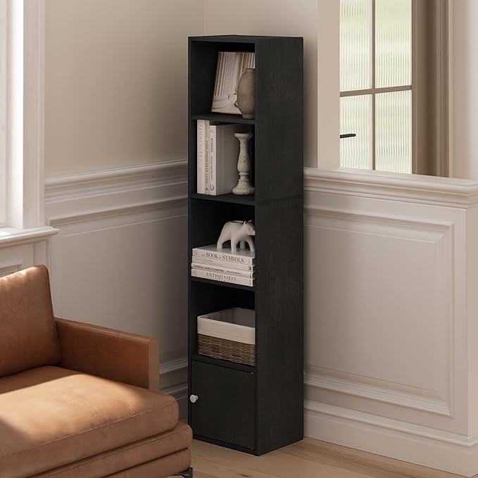 Furinno Luder Shelf Bookcase with 1 Door Storage Cabinet, Blackwood-NeatNest