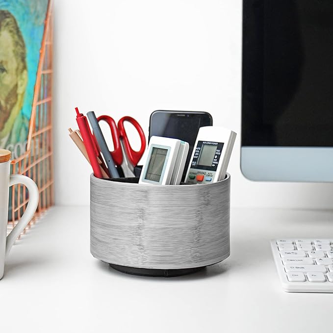 Hennaja Round Leather Art Supply Organizer,Remote Control Holder,360 Degree Spinning,Multi-Functional Pencil Holder,4 Compartments Desktop Stationary Organizer(1-Light Grey2)-NeatNest