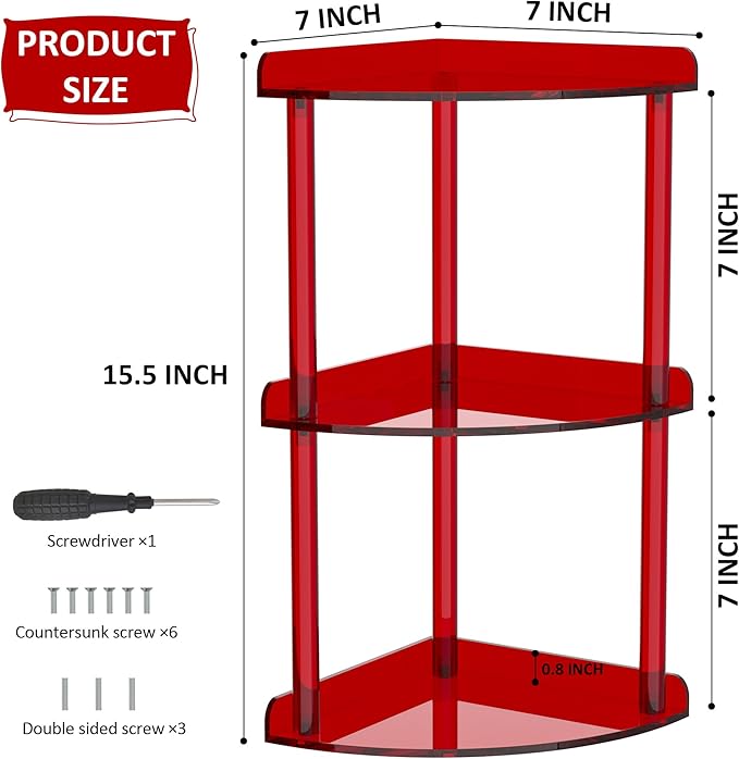 3 Tier Countertop Corner Organizer Shelf 7x7x15.7 Inch, Red Countertop Acrylic Bathroom Corner Shelf, Vanity Storage Organizer for Cosmetics, Toiletries-NeatNest