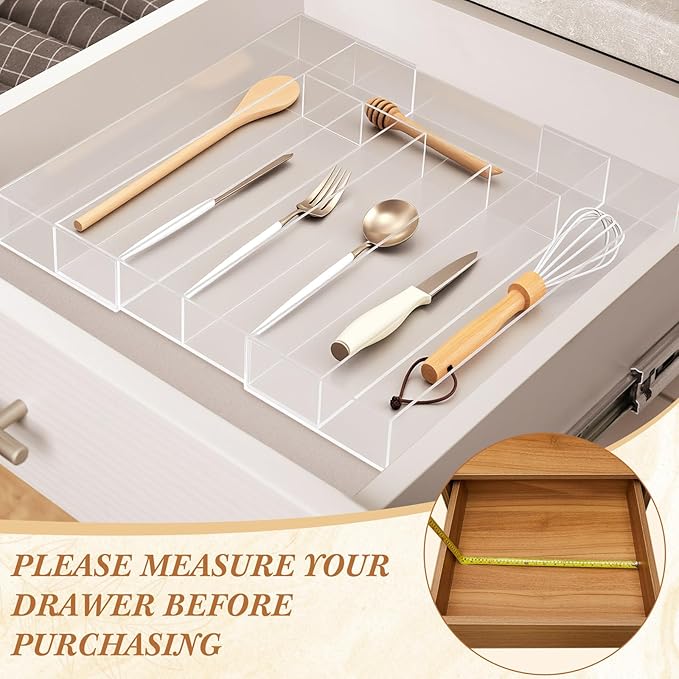 Expandable Kitchen Drawer Organizer Clear Acrylic Utensil Organizer Adjustable Acrylic Silverware Storage for Kitchen Drawers Silverware Flatware Knives(5-7 Compartments,12 x 16 Inches)