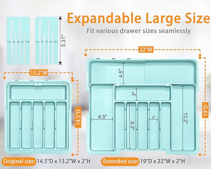 Homecor Silverware Organizer - Expandable Large Kitchen Drawer Organizer Utensil Organizer with 2 Knife Block Inserts, 22"x 19"Cutlery Tray with Drawer Dividers for Kitchen Flatware (Turquoise)