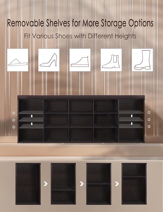 DINZI LVJ Shoe Storage Bench with Cushion, 15-Cubby Shoe Rack, Adjustable Shelves, Long Shoe Organizer Bench for Entryway, Mudroom, Hallway, Living Room, Bedroom and Garage-NeatNest
