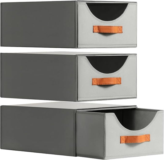 Large Stackable Storage Bins - Fabric Pull-out Closet Organizer Bins, Linen Closet Organizers with Handles, Decorative Baskets for Bedroom, Office, Dorm, 3 Pack, Grey-NeatNest