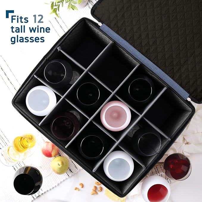 Hearth & Harbor Wine Glass Storage Box with Dividers, Quilted and Stackable Stemware Storage Cases, Service of 12 Glass China Container Hard Shell for Moving and Organization, Blue-NeatNest