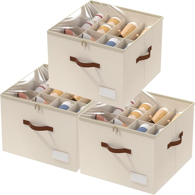 3 Pack Shoe Organizer for Closet, Foldable Shoe Storage Containers, Fits 24-48 Pairs, Shoe Storage Organizer Box Cubby Baskets Bins with Clear Cover and Reinforced Handles, Beige-NeatNest