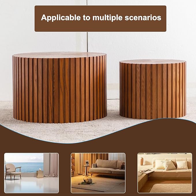 Nesting Coffee Table Set of 2 Wood Circle Drum Coffee Tables Set Contemporary Fluted Coffee Tables for Living Room & Small Space (Dark Wood Grain, 18.9+14.9in)