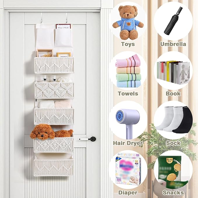 ANTIS'S HOME Over the Door Organizer Macrame Boho Nursery Storage with 5 Large Woven Pockets, Hanging Closet Basket for Bathroom or Nursery, Behind the Door Storage Organizer-NeatNest