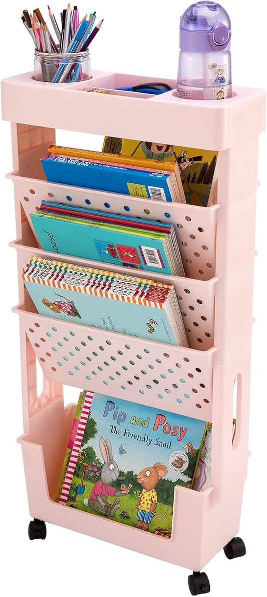 CINPIUK Pink Rolling Office Paper Organizer, Mobile Book Cart Document Folder File Storage with Pen Holder, Slim Rolling Storage Cart Movable Bookshelf for Office, Dorm, Classroom, Nursery-NeatNest