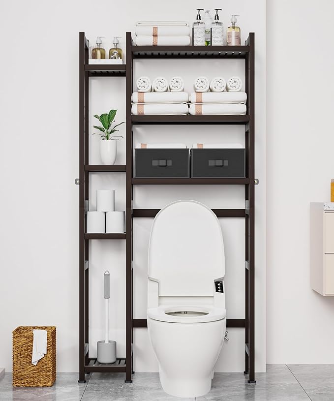 Homde Over The Toilet Storage with Basket and Drawer, Bamboo Bathroom Organizer with Adjustable Shelf & Waterproof Feet Pad, Space Saver Rack for Restroom, Laundry, Brown-NeatNest