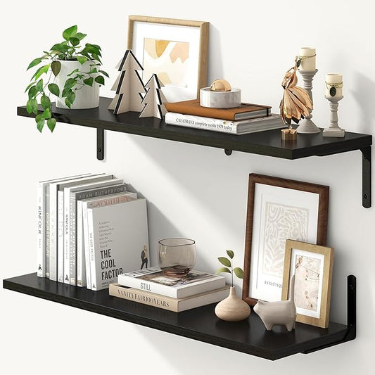 Fun Memories Deep Floating Shelves, 32W x 8D Floating Shelves Set of 2, Wall Mounted Shelf with Metal Brackets, Rustic Wood Wall Shelf for Bathroom, Kitchen and Living Room, Black-NeatNest