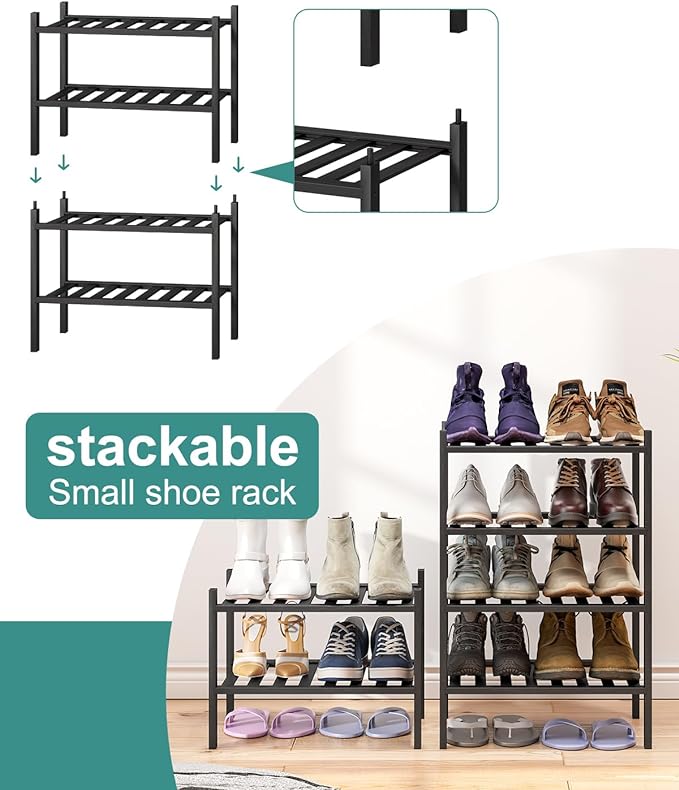Black Small Shoe Rack for Entryway, 4-Tier Bamboo Shoe Organizer for Hallway Closet, Free Standing Shoe Racks for Indoor Outdoor-NeatNest