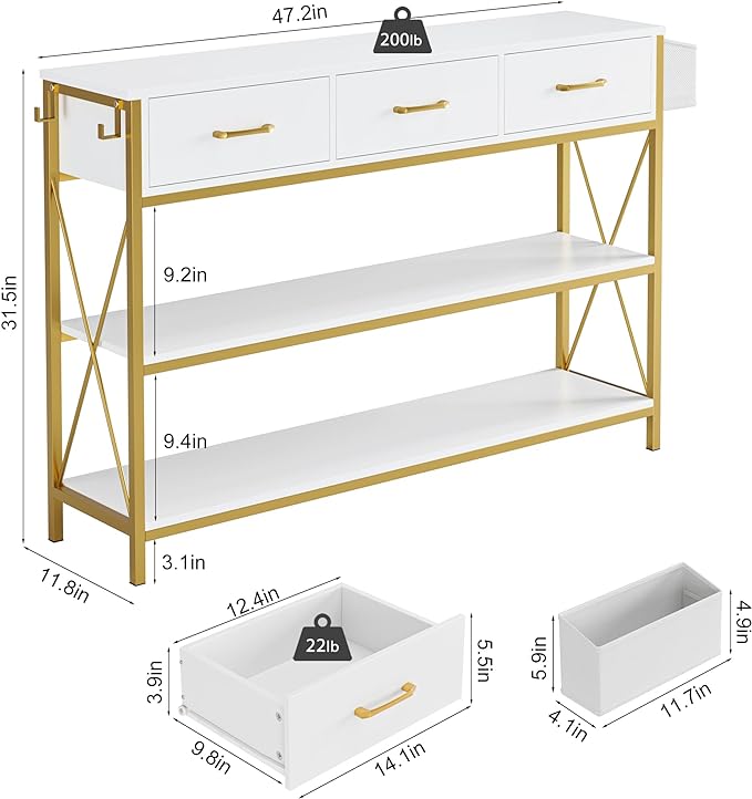 HITHOS 47.2" Console Table with 3 Drawers, Narrow Long Entryway Table with 3-Tier Storage Shelves, Industrial Sofa Foyer Table for Living Room, Hallway, Entry Way, Foyer, Kitchen, White/Gold-NeatNest