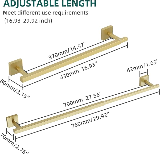 Alise Bathroom Towel Bar, Adjustable 17-30 Inch Single Towel Racks SUS304 Stainless Steel Towel Holder, Towel Racks for Bathroom Wall Mounted Towel Rack Brushed Gold