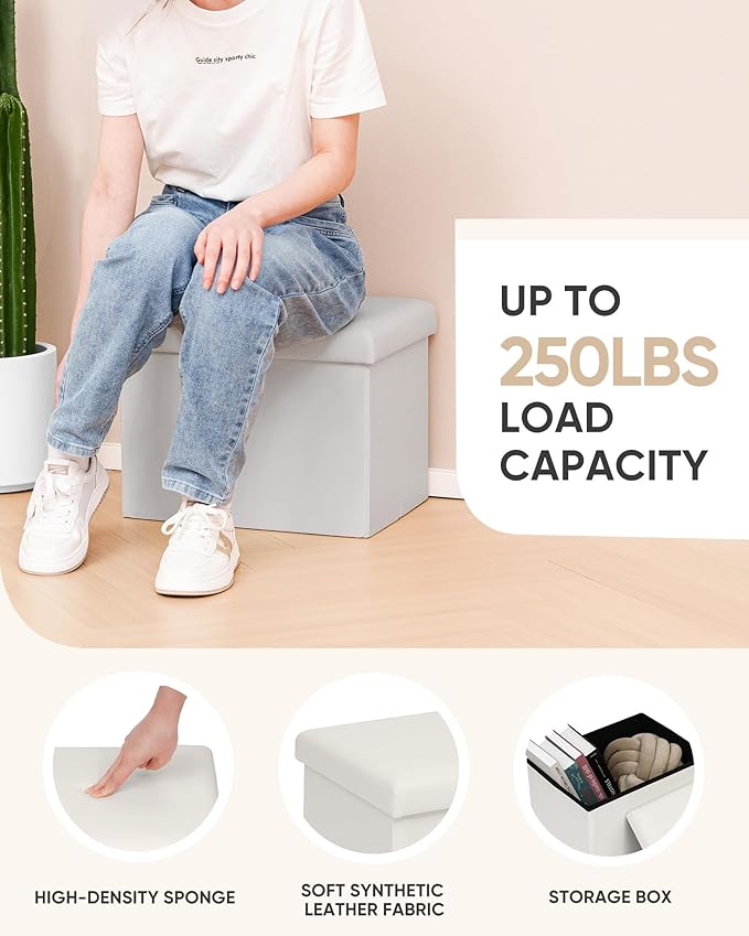 B FSOBEIIALEO Folding Storage Ottoman Cube Faux Leather Ottomans for Living Room, Bedroom, Home Office, Dorm Storage Footrest White 16.5"x12.6"x12.6"