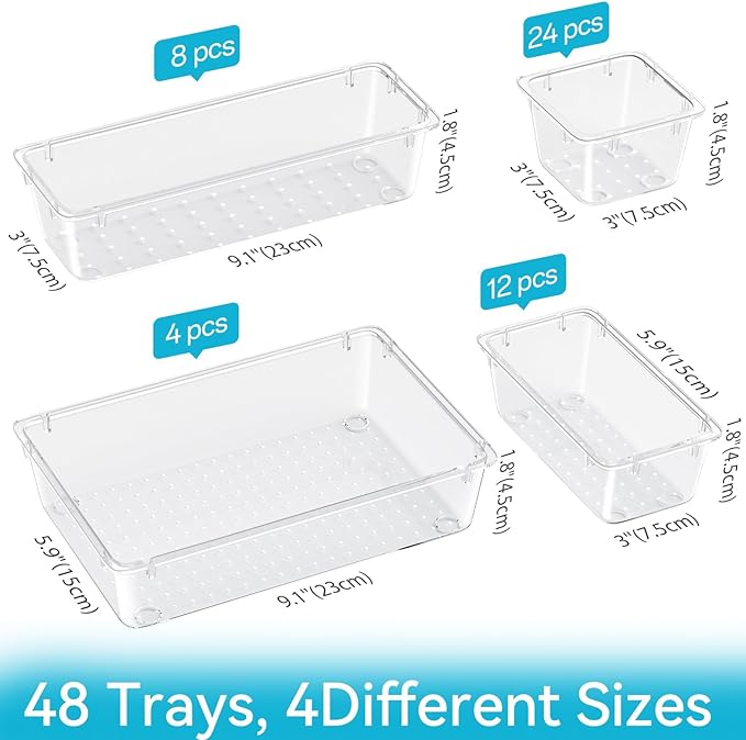 48 PCS Drawer Organizer Set, 4 Sizes Storage Drawer Units, Clear Plastic Makeup Vanity Organizer and Storage Bins for Makeup, Stationeries, Multiple Gadgets for Bathroom, Office, Bedroom-NeatNest