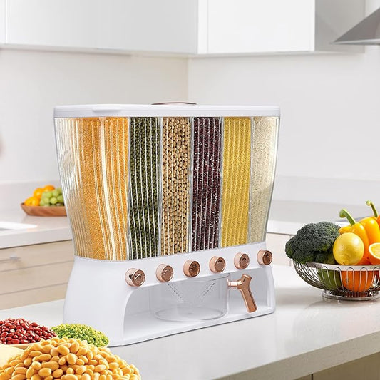 6 Grids Dry Food Dispenser Grain Rice Storage Dispenser with Measuring Cup, 22lbs Sealed Storage Tank for Home Kitchen, Detachable Partition-NeatNest