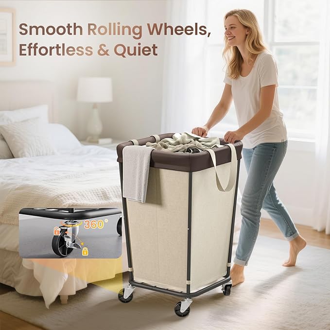 160L Laundry Basket with Wheels, 2-section Rolling Laundry Basket, Large Laundry Hamper with Wheels, Rolling Laundry Hamper Clothes Hamper for Home, Bathrooms and Dorm(Beige)