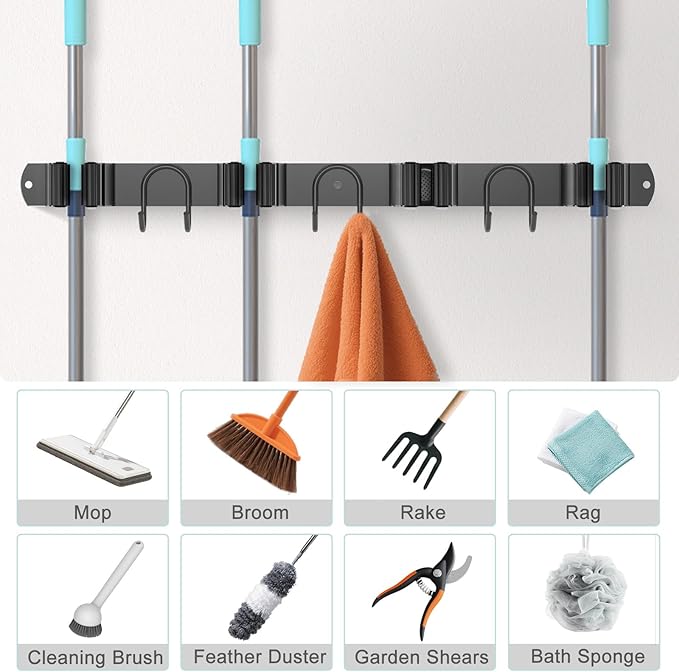 Broom Holder Wall Mount, 2 Packs Black Stainless Steel Tool Storage Organizer for Kitchen Garden Garage Laundry Room Bathroom and RV with 4 Slots 6 Hooks-NeatNest