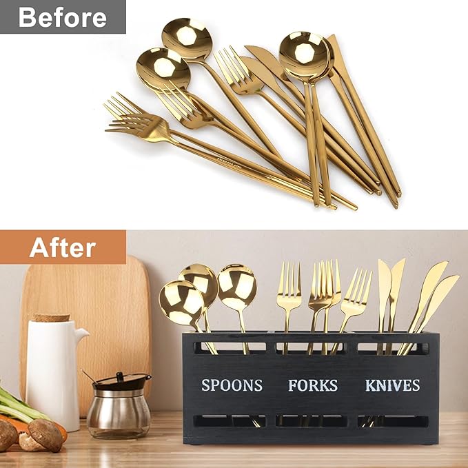 Ayiaren Wooden Silverware Caddy Flatware Cutlery Holder Wood Silverware Organizer Containers Small Black Kitchen Utensil Holder for Countertop Spoon and Fork Holder Flatware Utensils Caddy for Party-NeatNest