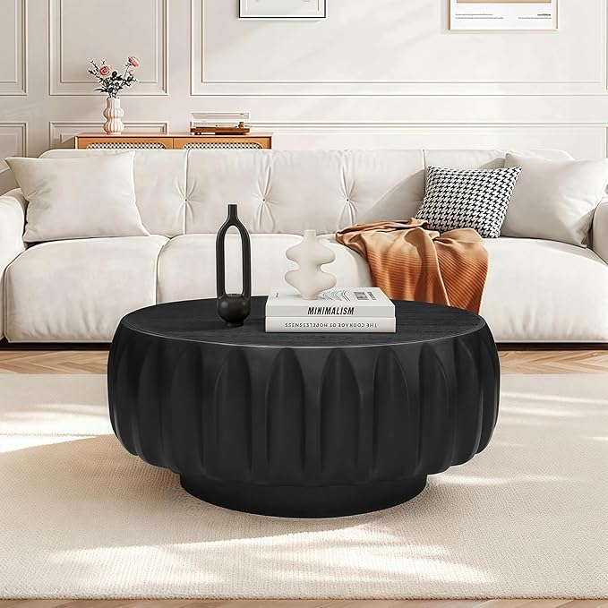 kevinplus 31.5'' Black Round Wood Coffee Table for Living Room, Modern Contemporary Circle Fluted Drum Pedestal Coffee Table, Natural Wood Grain & Easy Assembly, Black