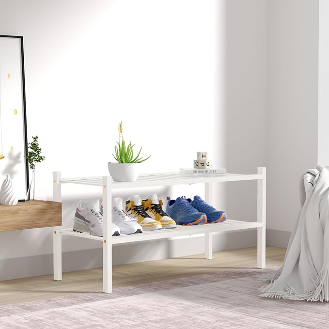2 Tier Bamboo Shoe Rack for Closet Free Standing Wood Shoe Shelf for Entryway Small Space Stackable 27"x11"x13" (White)-NeatNest