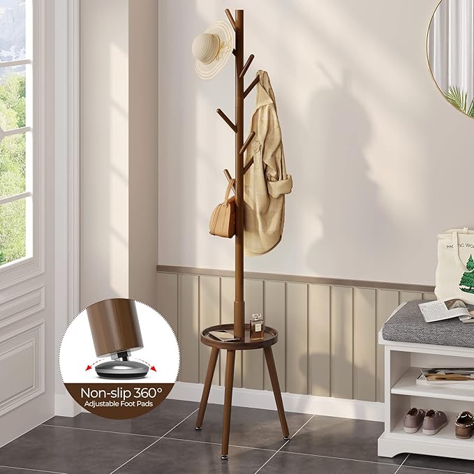 GREENSTELL Coat Rack with 8 Hooks, Wooden Coat Rack Freestanding with Shelf, Coat Tree with 4 Height Options 50.5"-72.6", Coat Hanger Stand for Bags, Clothes, Umbrellas, Hats, in Home, Brown-NeatNest