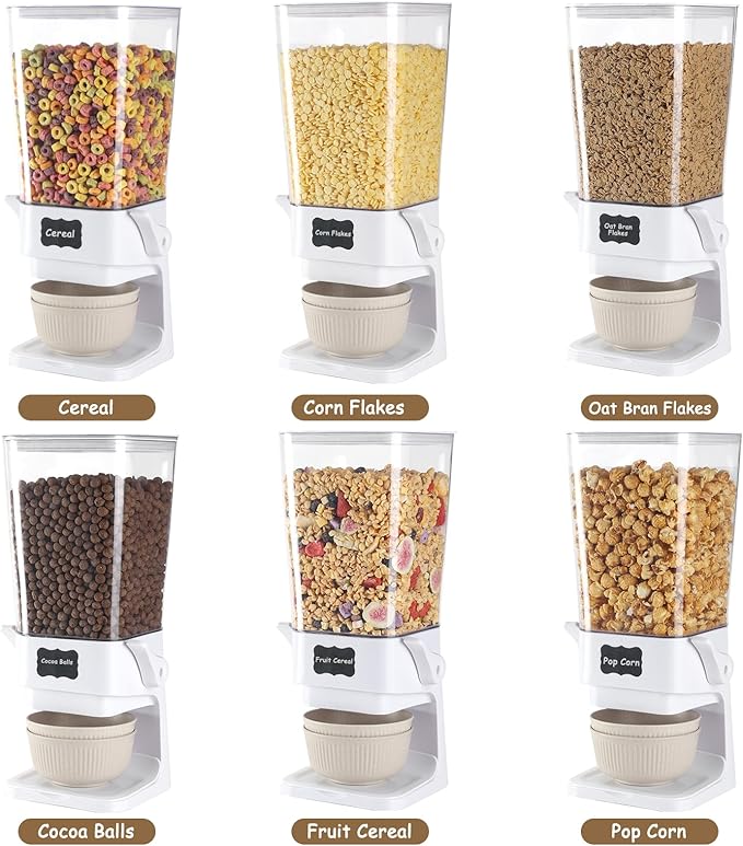 Cereal Dispenser Countertop with Cereal Bowls,16 Labels & Pen, Cereal Containers Storage, Candy Dispenser, Dry Food Dispenser For Pantry - Not Easy to Crush Food (White, 2 Pack)-NeatNest