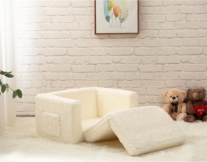 ALIMORDEN 2-in-1 Flip Out Cuddly Sherpa Kids Couch, Convertible Sofa to Lounger, Cream-NeatNest