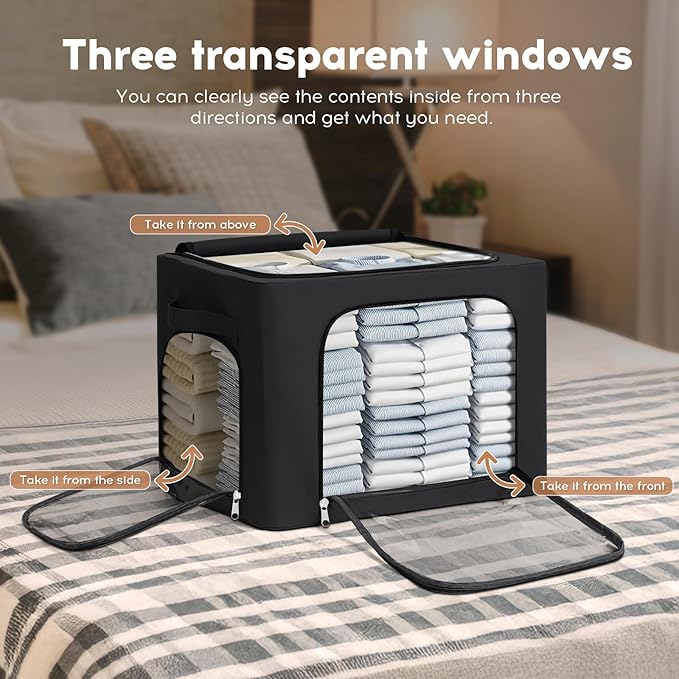 3-Pack Clothes Organizer Bins with Metal Frame, Foldable 40L Linen Storage Boxes with Lids, Clear Windows, Zippers & Durable Handles (Black)-NeatNest