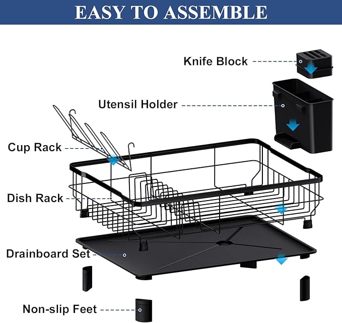 Homaxy Dish Drying Rack for Kitchen Counter (16.93''L x 12.99''W), Space-Saving Dish Drainer Rack Set with Drainboard, Large Dish Rack with Utensil Holder, Cup Rack and Knife Slots, Black