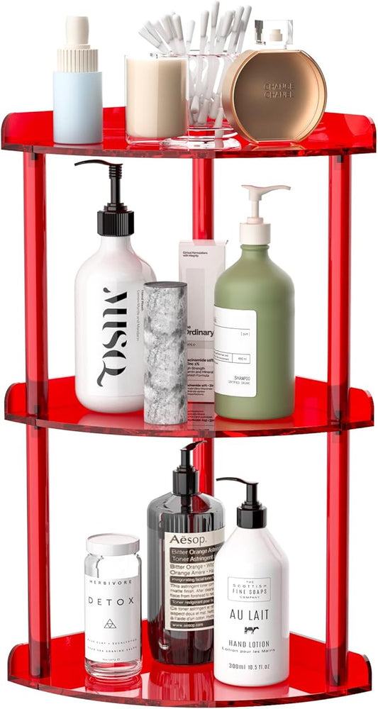 3 Tier Countertop Corner Organizer Shelf 7x7x15.7 Inch, Red Countertop Acrylic Bathroom Corner Shelf, Vanity Storage Organizer for Cosmetics, Toiletries-NeatNest